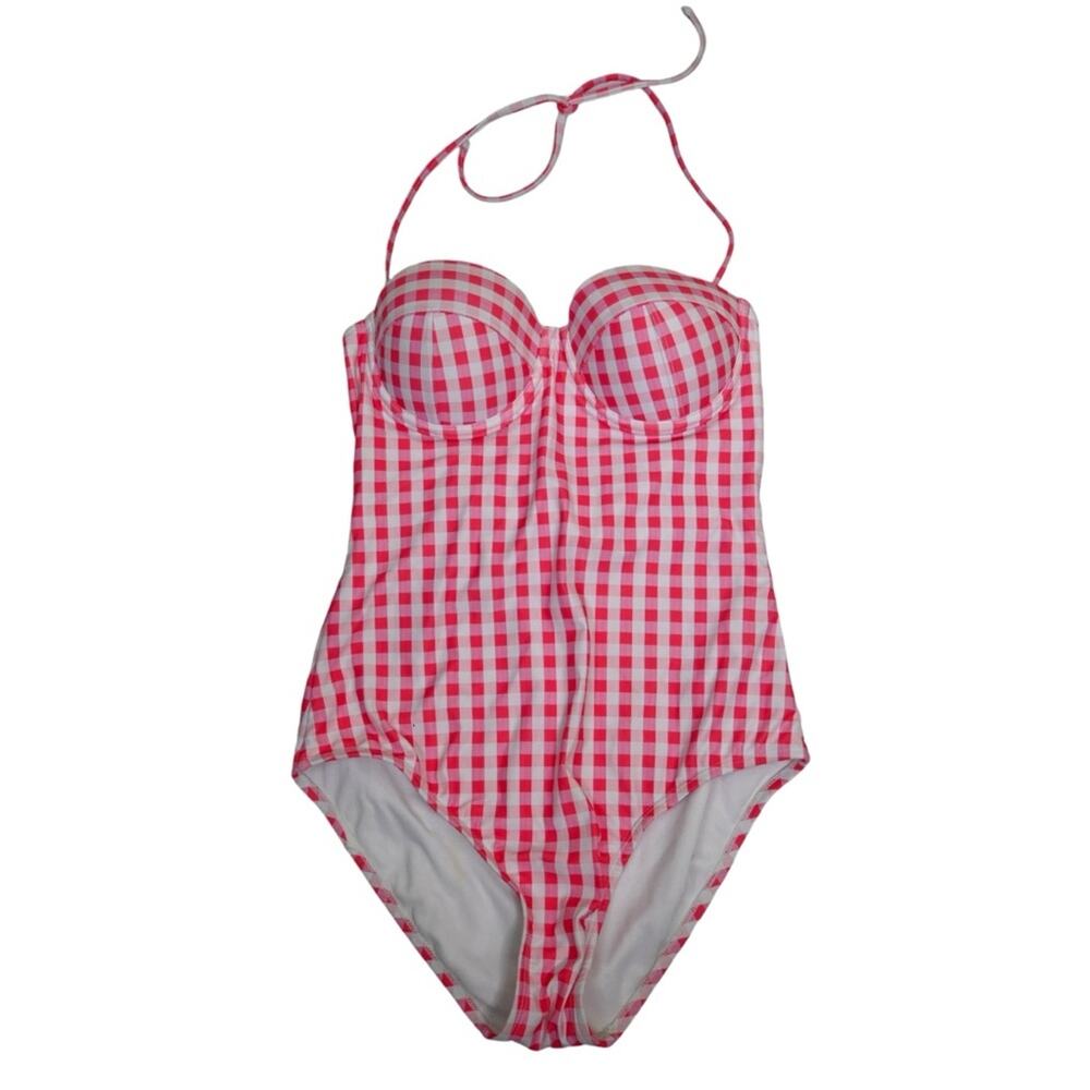 GAP Womens S Molded Bandeau Peony Gingham Pink One Piece Swimsuit
